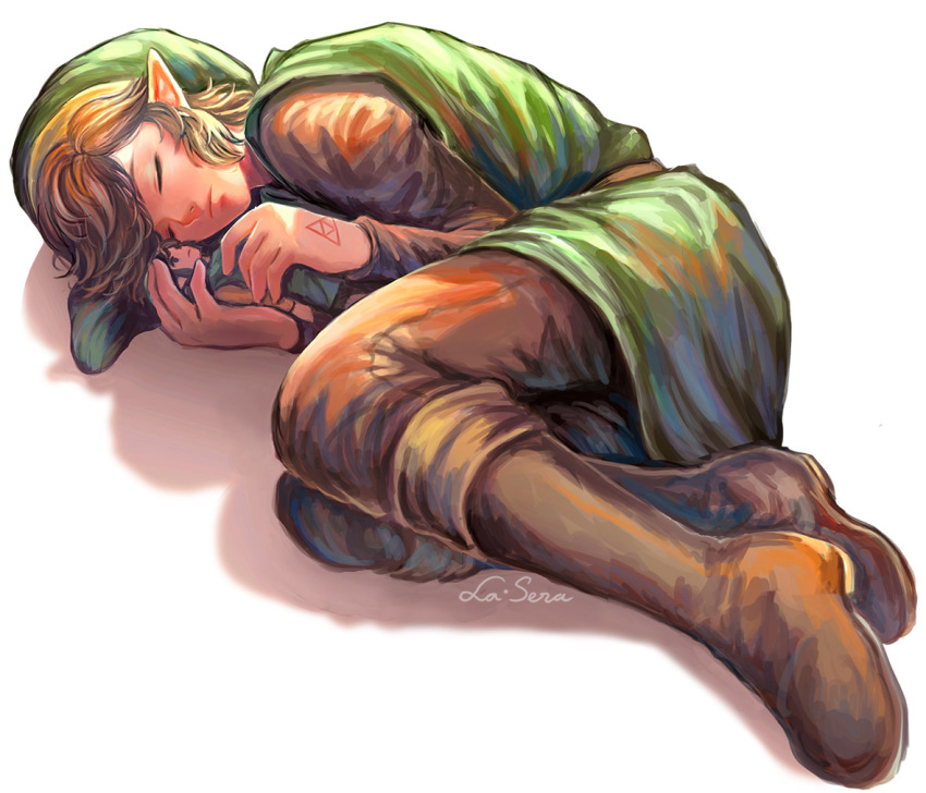 1boy artist_name boots brown_boots brown_hair brown_pants closed_eyes closed_mouth full_body green_headwear green_tunic grey_background knee_boots la_sera_art link lying nintendo on_side pants pointy_ears princess_zelda short_hair simple_background sleeping solo the_legend_of_zelda triforce tunic zelda_ii:_the_adventure_of_link