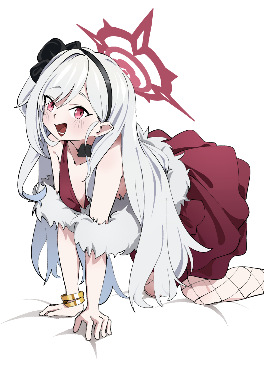 1girl :d adon_(dufaladanidu) all_fours bare_shoulders black_bow black_hairband blue_archive blush bow bracelet collarbone commentary_request dress feet_out_of_frame fishnet_pantyhose fishnets fur-trimmed_dress fur_trim grey_hair hair_behind_ear hair_bow hairband halo happy highres jewelry long_hair looking_ahead mutsuki_(blue_archive) mutsuki_(dress)_(blue_archive) official_alternate_costume official_alternate_hairstyle open_mouth pantyhose parted_bangs pointy_ears red_dress red_eyes red_halo simple_background sleeveless sleeveless_dress smile solo tsurime very_long_hair white_background