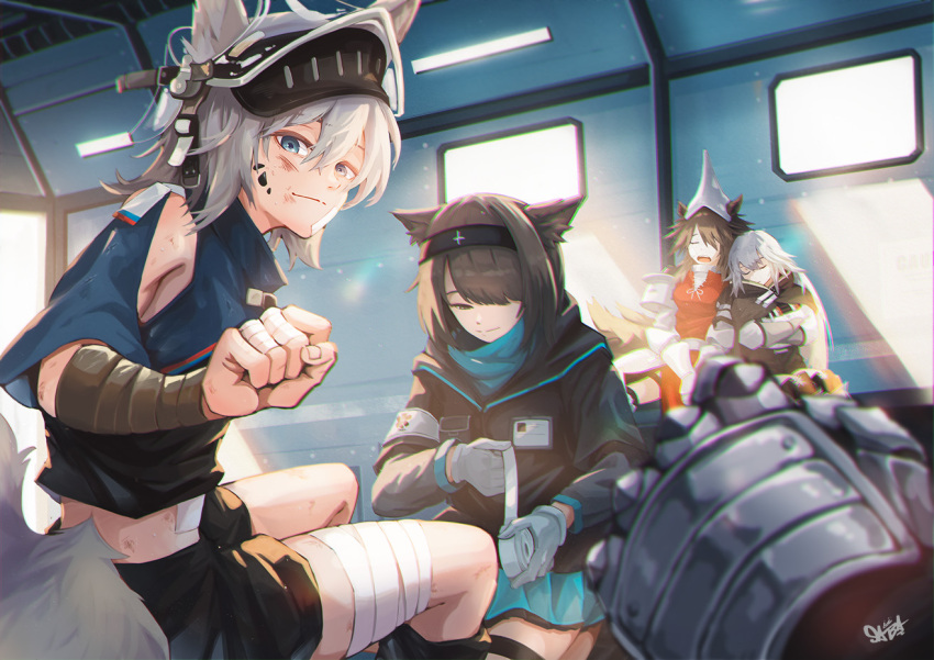 4girls animal_ears arknights ashlock_(arknights) ashlock_(elite_ii)_(arknights) bandaged_fingers bandaged_leg bandages black_hairband black_jacket black_shorts blue_eyes blue_skirt brown_eyes brown_hair character_request clenched_hand closed_eyes closed_mouth crossed_arms day fartooth_(arknights) flametail_(arknights) gloves grey_gloves grey_hair hair_over_one_eye hairband jacket long_sleeves material_growth multiple_girls open_mouth oripathy_lesion_(arknights) peppsi_(saba_sabasuk0) pleated_skirt rhodes_island_medic_(arknights) short_shorts shorts signature sitting skirt smile sunlight tail visor_(armor) wild_mane_(arknights) window