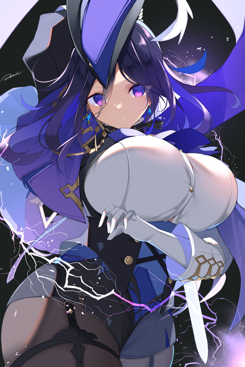 1girl absurdres black_background black_corset black_pantyhose black_skirt blue_hat breasts bursting_breasts clorinde_(genshin_impact) commentary corset cowboy_shot curvy earrings elbow_gloves electricity electrokinesis framed_breasts genshin_impact gloves hat highres huge_breasts jam_(jamjam777) long_hair looking_at_viewer narrow_waist paid_reward_available pantyhose parted_lips pencil_skirt purple_eyes purple_hair shirt skirt solo teardrop_earrings tricorne two_side_up underbust white_gloves white_shirt wide_hips