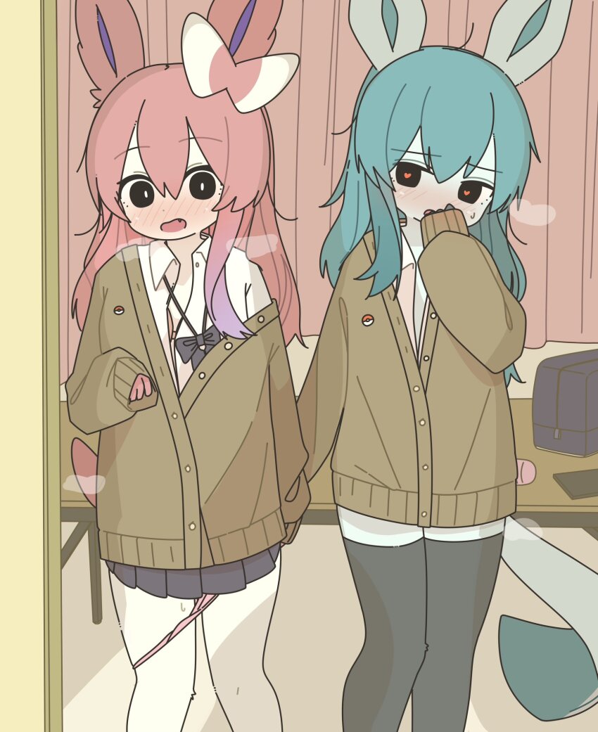 2girls animal_ears bag black_bow black_bowtie black_skirt black_thighhighs blue_hair blush bow bowtie bra brown_cardigan cardigan collared_shirt curtains fang gen_4_pokemon gen_6_pokemon glaceon heart highres indoors long_hair long_sleeves mike_no_hito multiple_girls nintendo open_clothes open_mouth open_shirt original panties panty_pull pink_bra pink_hair pink_panties pleated_skirt pokemon rabbit_ears school_bag shirt skirt sleeves_past_wrists sweatdrop sylveon thighhighs underwear white_shirt yuri