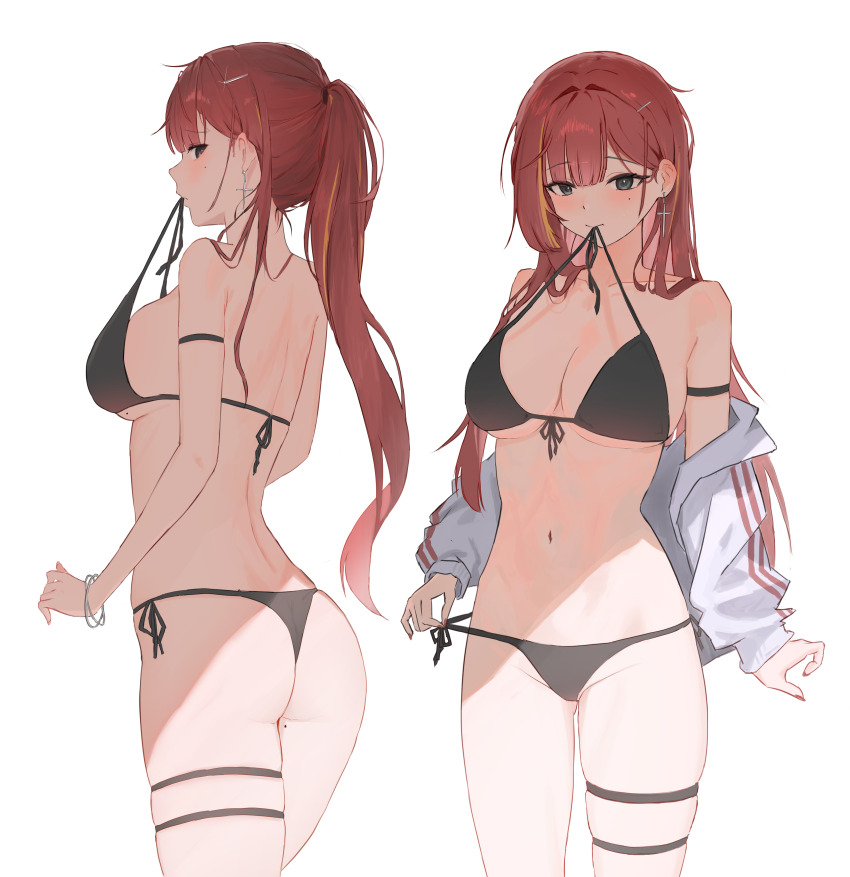 1girl absurdres akane_lize arm_strap ass bangle bare_shoulders bikini black_bikini black_eyes bracelet breasts cleavage collarbone commentary cowboy_shot cross cross_earrings earrings from_behind front-tie_bikini_top front-tie_top highres jacket jewelry large_breasts long_hair long_sleeves looking_at_viewer looking_back median_furrow meosic2 mole mole_on_breast mole_on_thigh mole_under_eye mouth_hold multicolored_hair multiple_views navel off_shoulder open_clothes open_jacket ponytail red_hair side-tie_bikini_bottom simple_background skindentation stellive stomach streaked_hair string_bikini swimsuit thigh_strap thighs untied_bikini very_long_hair virtual_youtuber white_background white_jacket