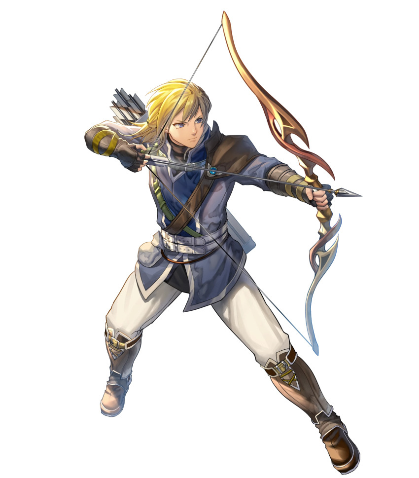 1boy aiming attack black_gloves blonde_hair blue_eyes bow_(weapon) drawing_bow fingerless_gloves fire_emblem fire_emblem:_radiant_dawn fire_emblem_heroes gloves highres holding holding_bow_(weapon) holding_weapon leonardo_(fire_emblem) male_focus medium_hair nintendo non-web_source official_art quiver solo v-shaped_eyebrows weapon