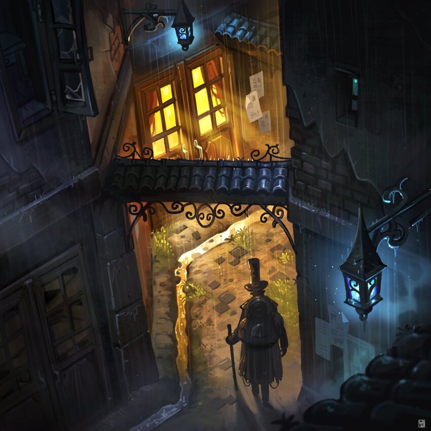 1boy alley artist_logo backpack bag blue_light building cane coat commentary english_commentary from_above from_behind grass hat highres holding holding_cane lamp lamppost light_rays logo night open_window original outdoors rain scenery solo tile_roof top_hat walking waltjan window