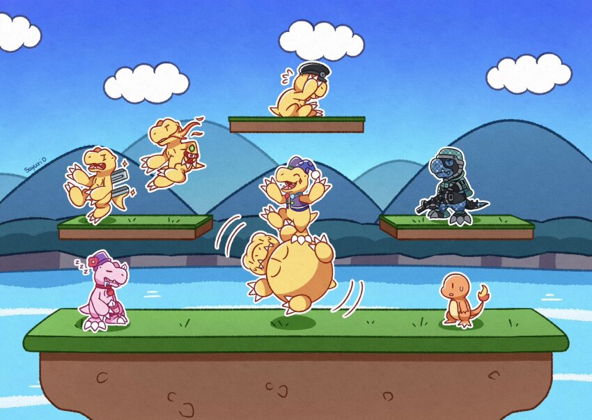 agumon agumon_(digimon_savers) charmander claws cloud commandramon digimon digimon_(creature) digimon_next digimon_story:_cyber_sleuth fire flower gen_1_pokemon happy hat highres mario_(series) mountain nintendo open_mouth parody pokemon sayuri_d_(liliana86973943) sky smile super_mario_bros._1 tail