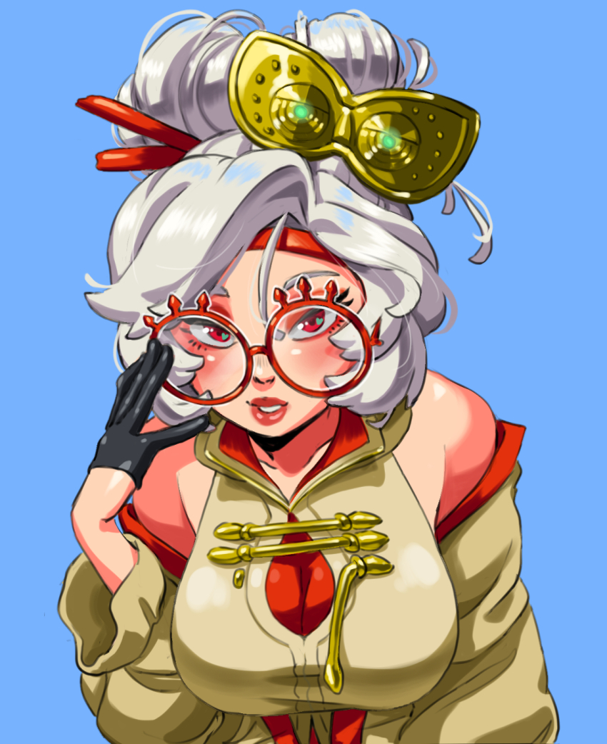 1girl bare_shoulders black_gloves blue_background blush breasts commentary english_commentary eyeshadow gamusaur glasses gloves hair_bun hair_ornament hair_stick half_gloves headband highres large_breasts lips looking_at_viewer makeup mask mask_on_head nintendo parted_lips purah red-framed_eyewear red_eyes red_eyeshadow red_headband round_eyewear sheikah shirt solo the_legend_of_zelda the_legend_of_zelda:_tears_of_the_kingdom updo upper_body white_hair