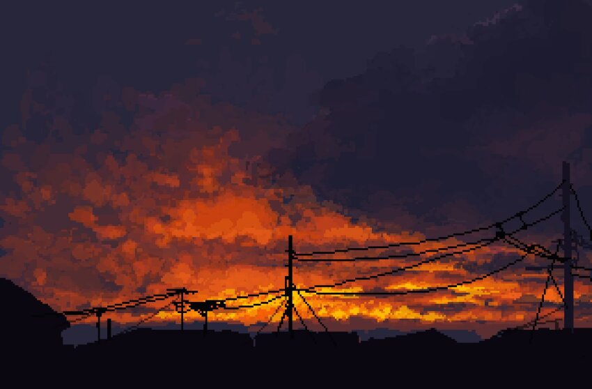 glowing hisachan55cute mountainous_horizon no_humans orange_clouds original outdoors pixel_art power_lines scenery silhouette sunset town utility_pole