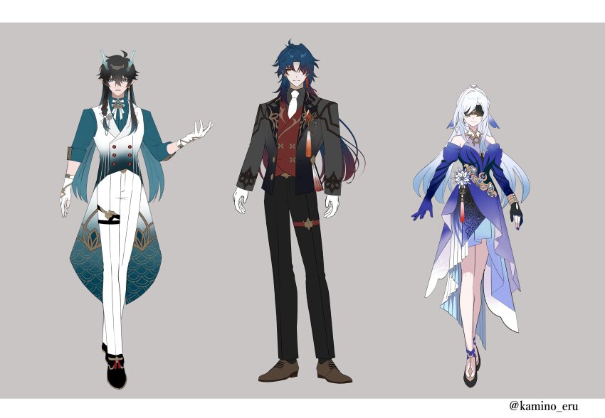 1girl 2boys absurdres ahoge asymmetrical_gloves bare_shoulders black_dress black_gloves black_hair black_jacket black_pants black_shoes black_socks black_vest blade_(honkai:_star_rail) blindfold blue_dress blue_eyes blue_gloves blue_hair blue_nails blue_shirt blue_sleeves border bow bowtie bracelet braid brown_shoes buttons closed_mouth collared_shirt colored_blindfold crescent crescent_ornament crescent_print dan_heng_(honkai:_star_rail) dan_heng_(imbibitor_lunae)_(honkai:_star_rail) detached_sleeves dragon_boy dragon_horns dress earrings eyeliner fingernails flower flower_ornament formal_clothes full_body gloves gold_bracelet gold_necklace gold_ring gradient_clothes gradient_hair grey_background grey_jacket grey_shirt hair_between_eyes hair_ornament hair_over_one_eye hand_up highres honkai:_star_rail honkai_(series) horns jacket jewelry jingliu_(honkai:_star_rail) kamino_eru lapels long_hair long_sleeves looking_at_viewer makeup mismatched_gloves multicolored_hair multiple_boys nail_polish necklace necktie official_alternate_costume official_alternate_hairstyle official_art open_clothes open_jacket pants partially_fingerless_gloves pointy_ears purple_hair red_eyeliner red_eyes red_vest seigaiha shirt shoes sidelocks simple_background single_braid single_earring sleeveless sleeveless_dress smile socks standing tassel tassel_earrings teeth thigh_strap two-tone_dress vest white_border white_bow white_bowtie white_flower white_gloves white_hair white_necktie white_pants white_vest