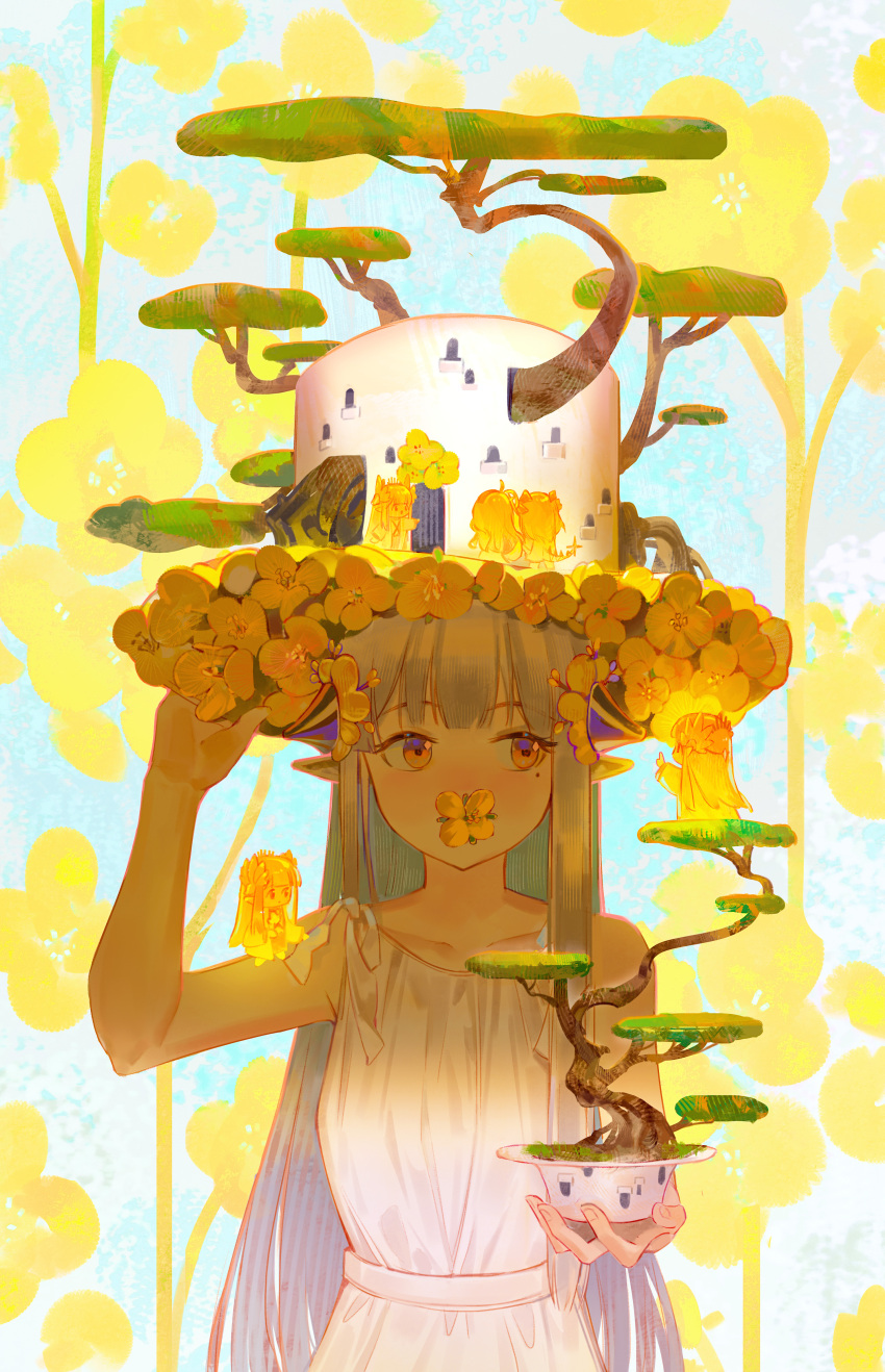 6+girls absurdres adjusting_clothes adjusting_headwear arknights chibi commentary dress elf english_commentary fantasy floral_background flower flower_in_mouth flower_pot grey_hair hat hat_flower highres holding holding_flower_pot kristen_(arknights) laurel_crown lyuqiu mole mole_under_eye muelsyse_(arknights) multiple_girls multiple_persona orange_eyes plant pointy_ears potted_plant saria_(arknights) sideways_glance white_dress