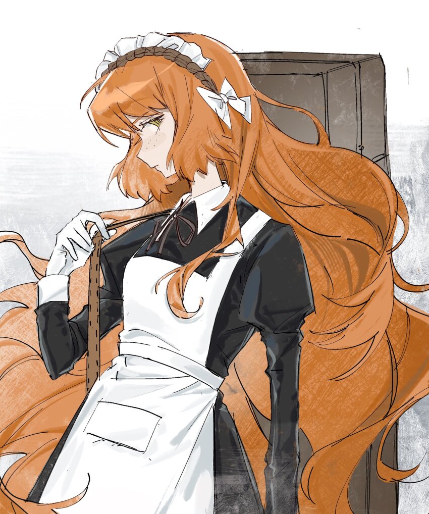 1girl apron black_dress bow brown_hairband closed_mouth cowboy_shot dress freckles gloves green_eyes hair_bow hairband hand_up highres humian0101 ishmael_(project_moon) juliet_sleeves limbus_company long_hair long_sleeves looking_at_viewer maid maid_headdress orange_hair project_moon puffy_sleeves rope sidelocks simple_background solo very_long_hair white_apron white_background white_bow white_gloves
