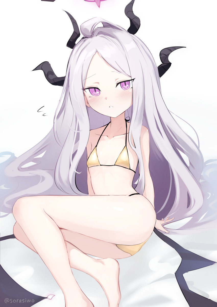 1girl absurdres ahoge ass barefoot bikini black_halo blue_archive blush commentary_request demon_girl demon_horns demon_wings flat_chest gold_bikini halo highres hina_(blue_archive) horns loli long_hair looking_at_viewer purple_eyes simple_background sitting sky_jio solo swimsuit white_background white_hair wings
