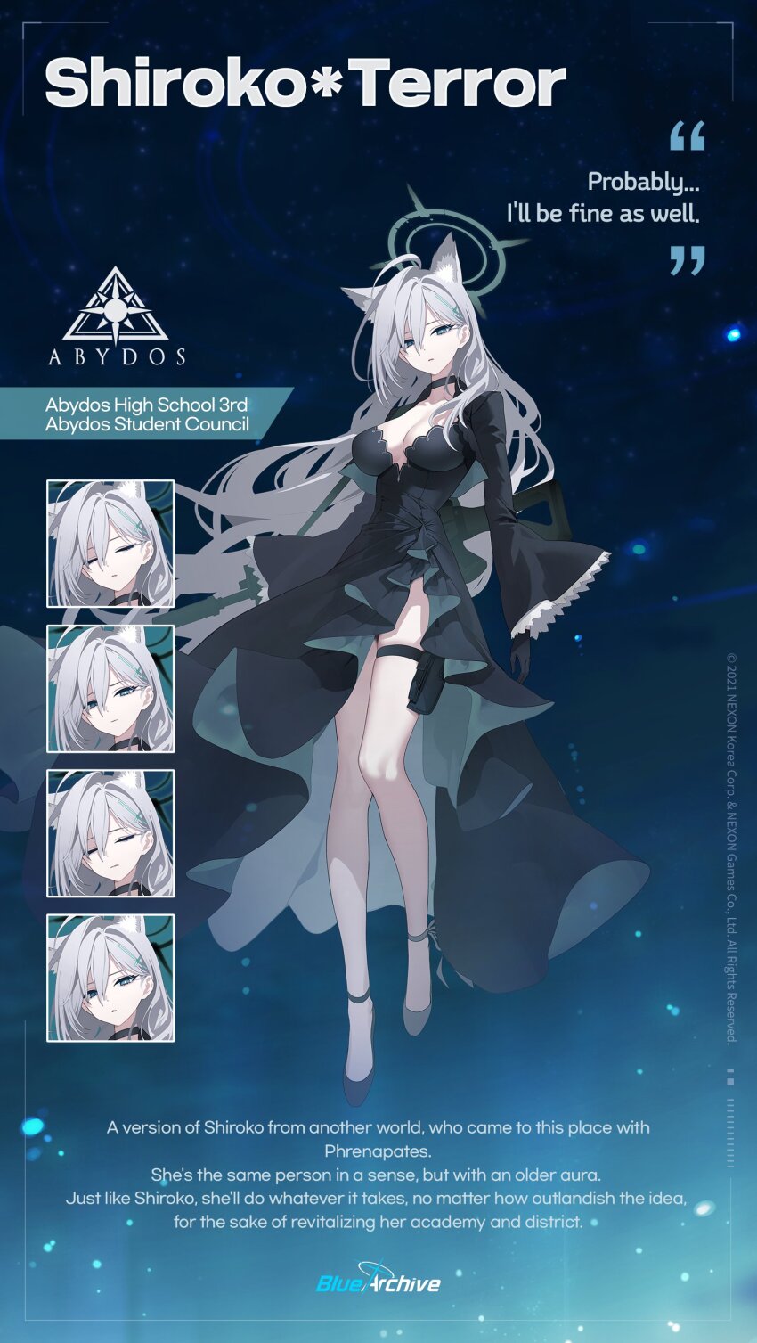 1girl absurdres animal_ear_fluff animal_ears assault_rifle black_choker black_dress black_gloves blue_archive blue_eyes breasts character_name choker cleavage closed_eyes commentary copyright_name cross_hair_ornament dress english_commentary english_text extra_ears full_body gloves grey_footwear gun hair_between_eyes hair_ornament halo highres large_breasts logo long_hair long_sleeves looking_at_viewer mismatched_pupils multiple_expressions multiple_views mx2j official_art parted_lips rifle shiroko_(blue_archive) shiroko_terror_(blue_archive) sig_sauer sig_sauer_556 standing tears thigh_strap very_long_hair weapon wolf_ears