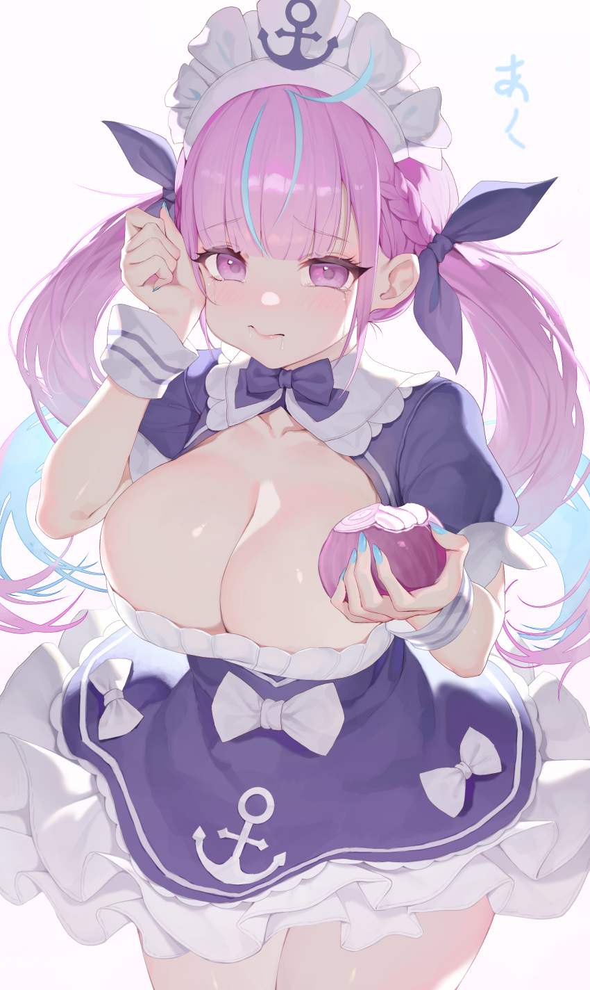 1girl absurdres ahoge anchor_symbol blue_bow blue_dress blue_hair blue_nails blush bow breasts cleavage commentary_request dress drill_hair food frilled_dress frills hair_bow highres holding holding_food holding_spring_onion holding_vegetable hololive kanon_(sinto) large_breasts looking_at_viewer maid maid_headdress minato_aqua minato_aqua_(1st_costume) multicolored_hair nail_polish onion pink_hair purple_eyes raised_eyebrows solo spring_onion twin_drills two-tone_hair vegetable virtual_youtuber white_headdress white_wrist_cuffs wrist_cuffs