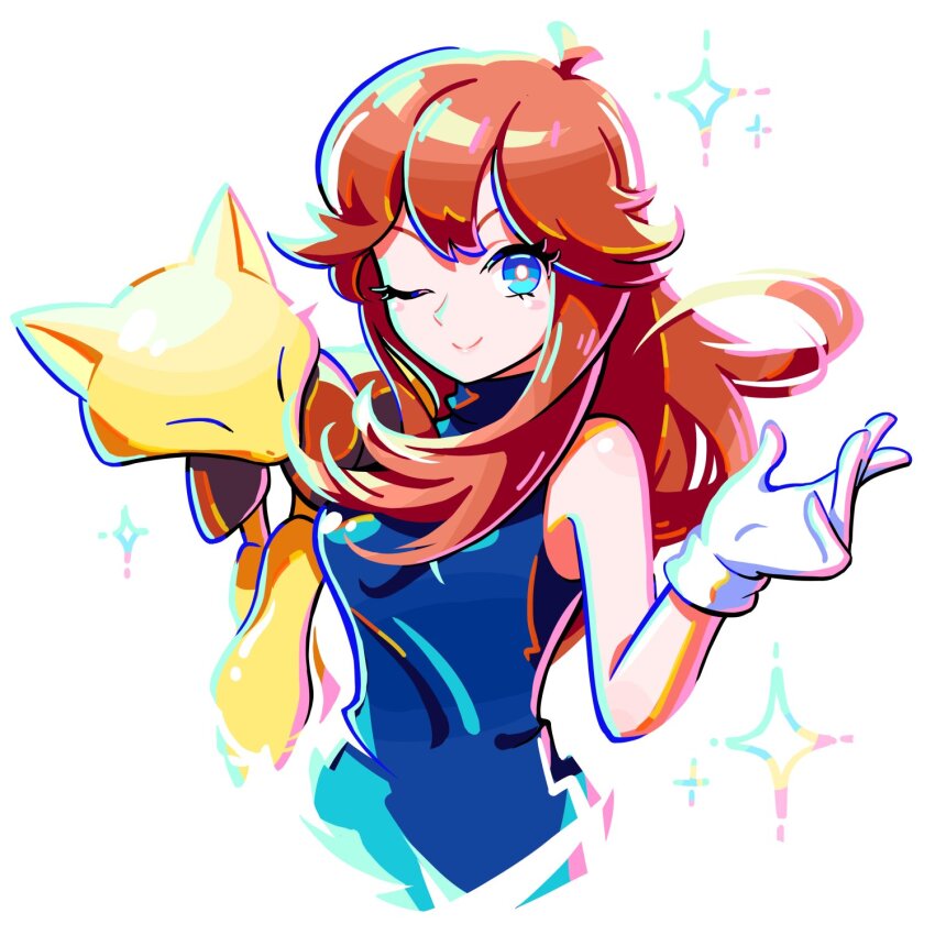 1girl ;) abra blue_eyes bright_pupils brown_hair closed_mouth commentary creatures_(company) dress eyelashes ffccll game_freak gen_1_pokemon gloves green_(pokemon) hand_up happy highres long_hair nintendo one_eye_closed pokemon pokemon_(creature) pokemon_adventures sleeveless sleeveless_dress smile sparkle symbol-only_commentary white_background white_gloves white_pupils