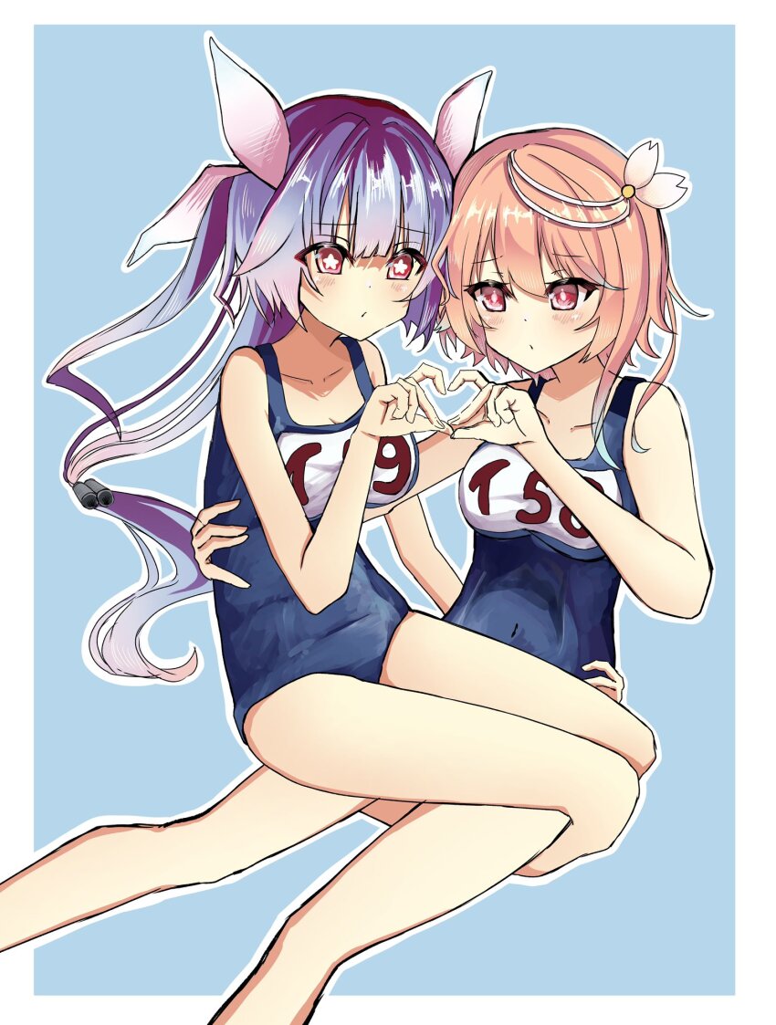 2girls four-finger_heart_hands blue_background blue_hair breasts heart heart_hands heart_hands_duo highres i-19_(kancolle) i-58_(kancolle) kantai_collection large_breasts long_hair medium_breasts multiple_girls pink_eyes pink_hair r_you_yabai school_swimsuit short_hair swimsuit white_background