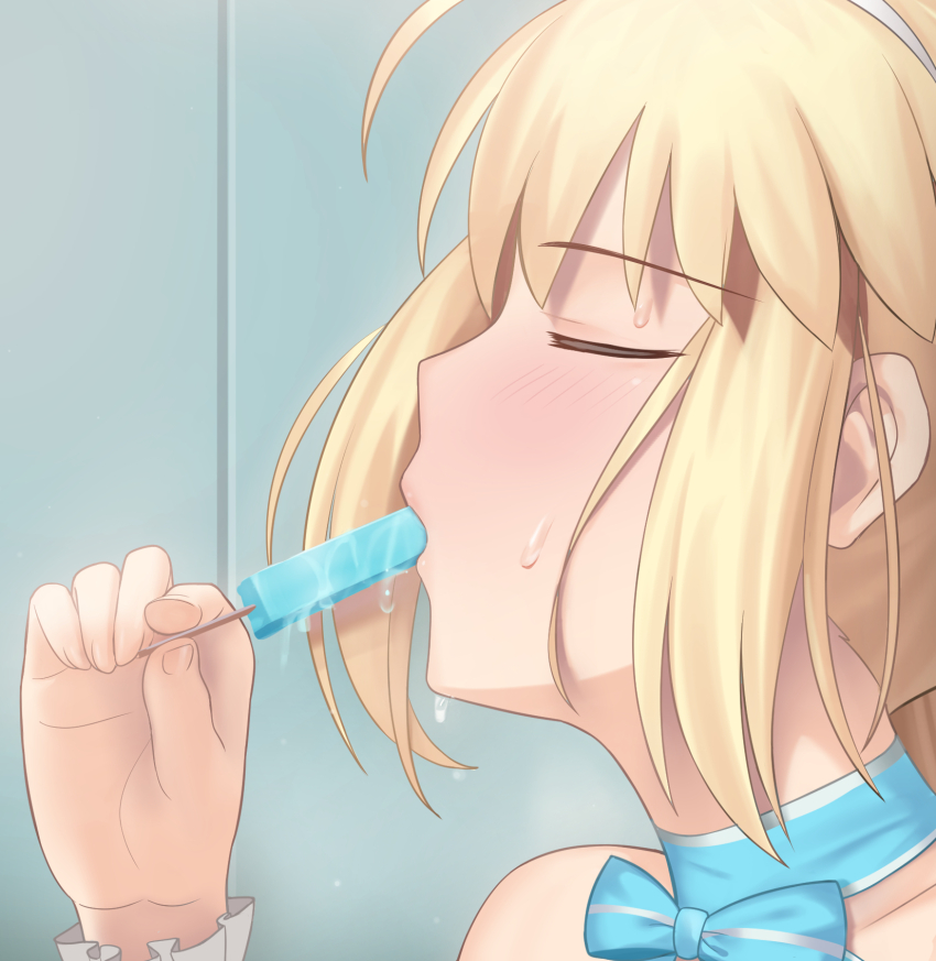 1girl artoria_caster_(fate) artoria_caster_(swimsuit_berserker)_(second_ascension)_(fate) artoria_pendragon_(fate) besmiled blue_bow blush bow closed_eyes commentary_request fate/grand_order fate_(series) fellatio food food_in_mouth highres holding holding_food holding_popsicle indoors long_hair oral popsicle popsicle_in_mouth sidelocks simulated_fellatio solo sweat upper_body