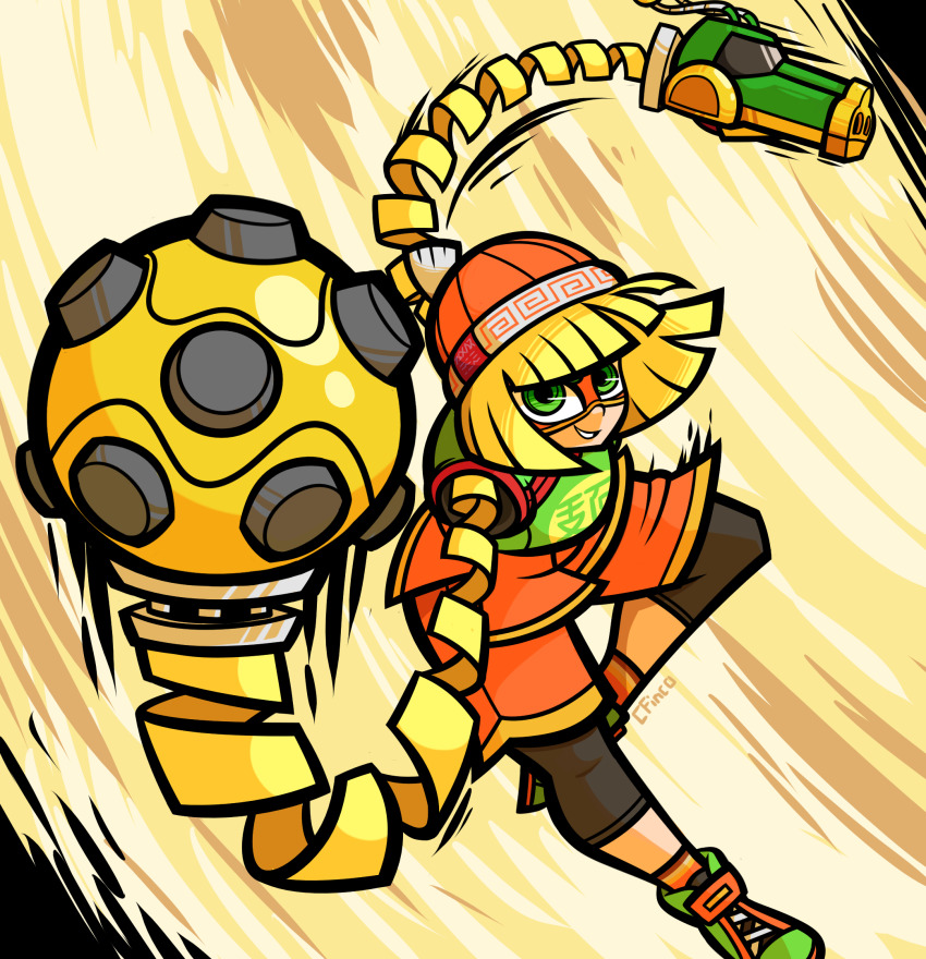 1girl @_@ arms_(game) beanie blonde_hair blunt_bangs bob_cut dragon_(arms) green_eyes green_shoes hat high_tops highres leggings megawatt_(arms) min_min_(arms) orange_shirt orange_shorts shirt shoes short_hair shorts sneakers solo extendable_limbs