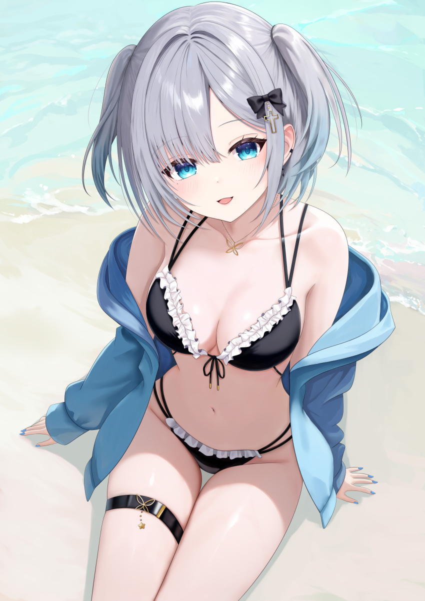 1girl :d absurdres beach bikini black_bikini black_bow blue_eyes blue_jacket blue_nails blush bow breasts butterfly_necklace cleavage cross_hair_ornament frilled_bikini frills grey_hair hair_bow hair_ornament hashtag-only_commentary highres jacket jewelry kaga_sumire kyokyo495 long_eyelashes medium_breasts navel necklace off_shoulder open_mouth short_hair sitting smile solo swimsuit thigh_gap thigh_strap water