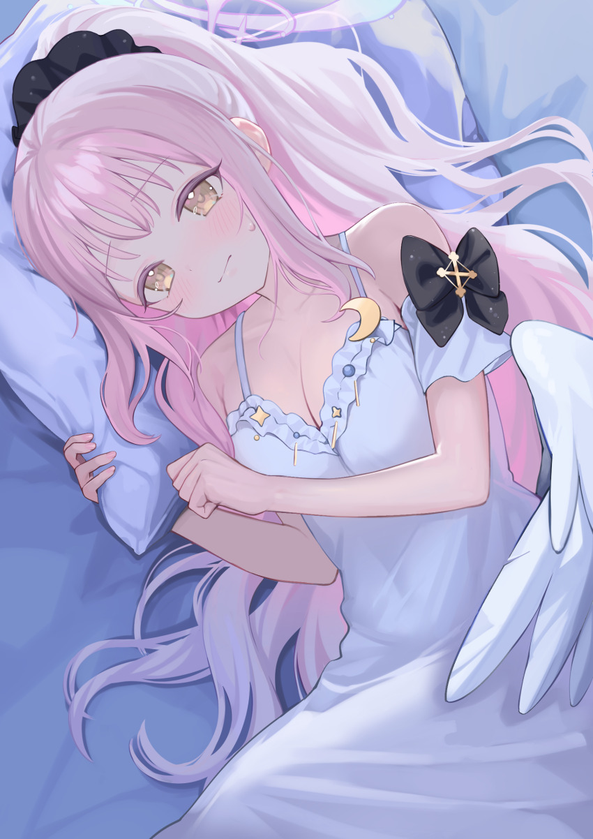 1girl absurdres alternate_costume alternate_hairstyle bare_shoulders black_scrunchie blue_archive blush closed_mouth dress feathered_wings hair_ornament hair_scrunchie highres long_hair lying making-of_available mika_(blue_archive) on_side pink_hair ponytail scrunchie sidelocks solo white_dress wings yamitsuyuri yellow_eyes