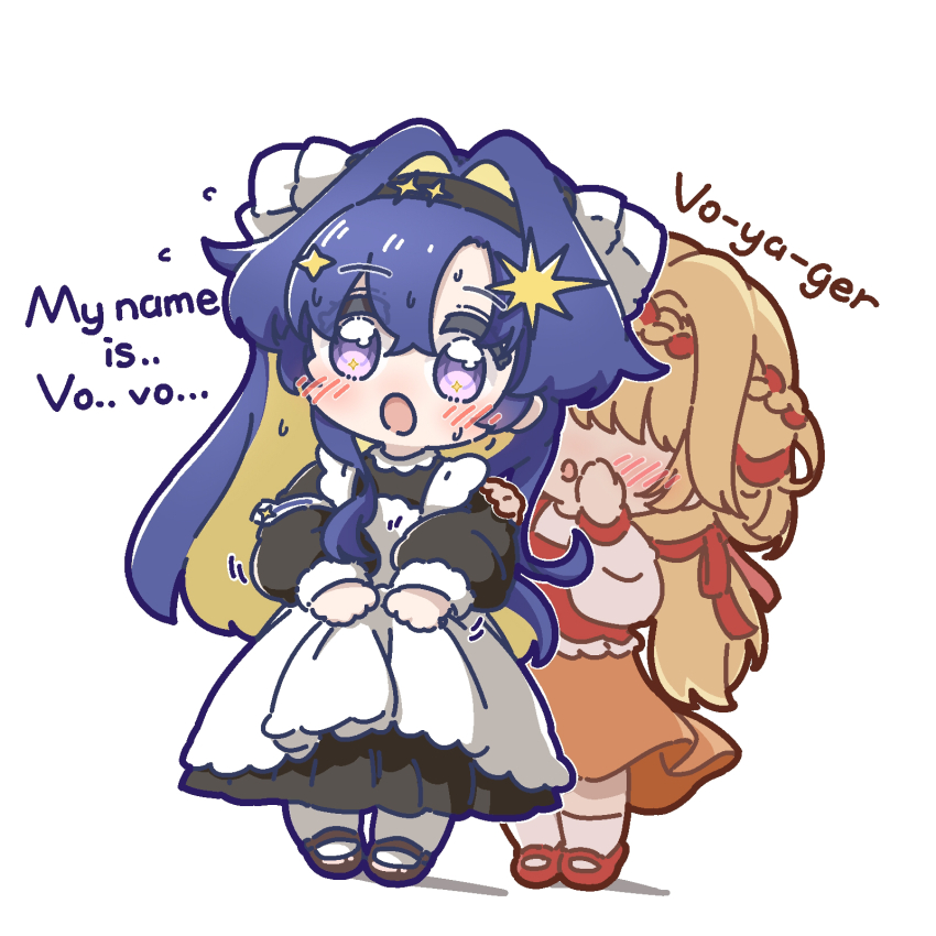 2girls :o apron behind_another black_dress black_hairband black_shoes blonde_hair blue_eyes blue_hair blush braid braided_bangs chibi colored_inner_hair dress english_text full_body hair_intakes hair_ornament hairband highres kiperina long_hair low_ponytail multicolored_hair multiple_girls nijiiro_diary ponytail red_shoes red_vest reverse:1999 shoes skirt skirt_tug socks standing star_(symbol) star_hair_ornament sweat very_long_hair vest voyager_(reverse:1999) white_apron white_background white_socks