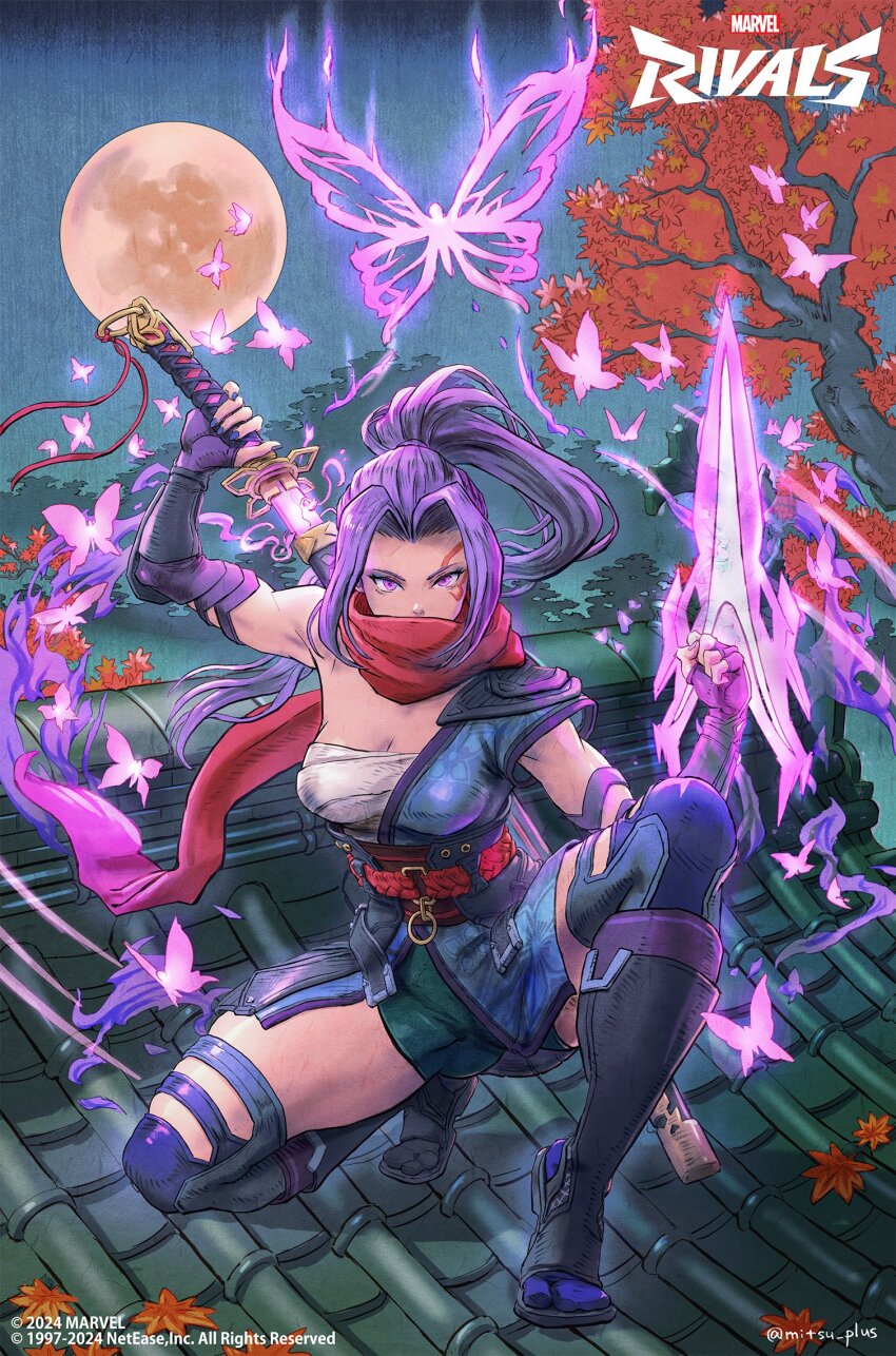 1girl breasts bug butterfly high_ponytail highres insect marvel marvel_rivals mitsu_plus moon night night_sky ninja panties ponytail psylocke psylocke_(marvel_rivals) psylocke_(sai) purple_eyes purple_hair sky sword tree underwear weapon x-men
