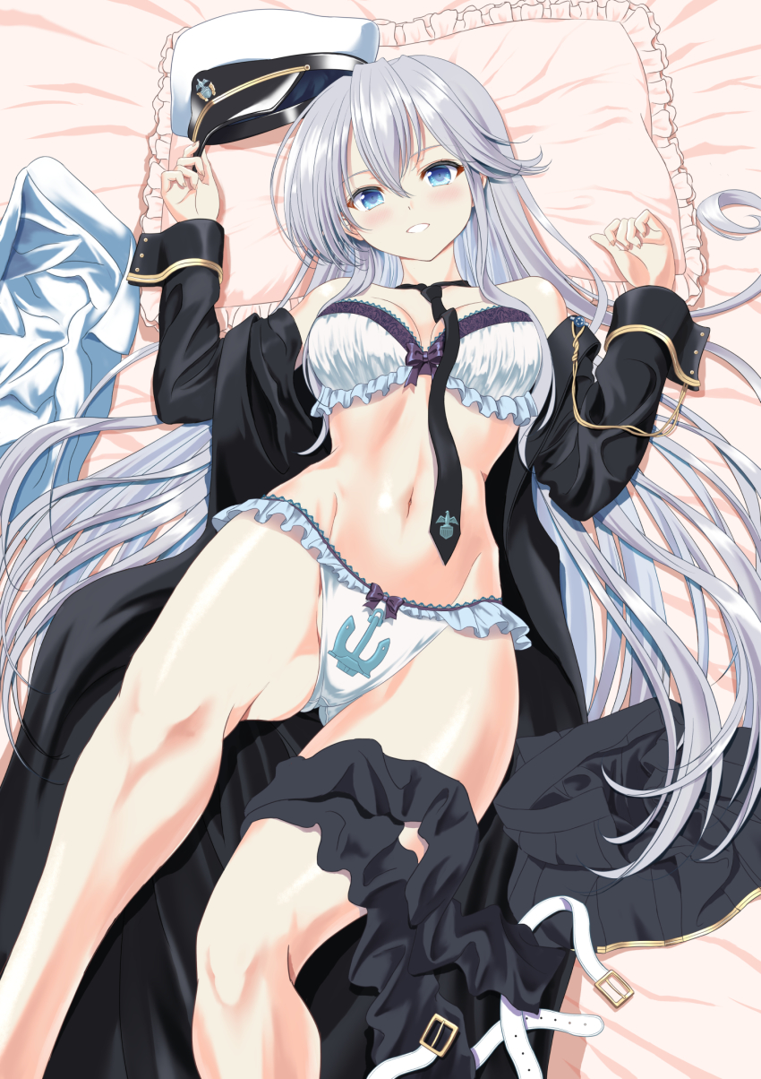 1girl azur_lane bed bed_sheet black_coat black_skirt black_thighhighs blue_eyes blush bra breasts coat collared_shirt commission enterprise_(azur_lane) hair_spread_out hat highres kagura_hiromu large_breasts long_hair looking_at_viewer lying military_hat miniskirt navel necktie on_bed open_clothes open_coat panties peaked_cap pixiv_commission pleated_skirt shirt silver_hair skirt sleeveless sleeveless_shirt smile solo thighhighs underwear underwear_only unworn_clothes unworn_skirt very_long_hair
