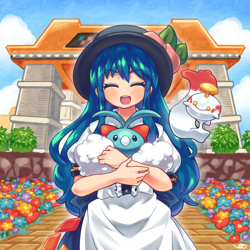 1girl :d black_headwear blue_hair chimecho closed_eyes commission commissioner_upload flower food frills fruit gen_3_pokemon highres hinanawi_tenshi holding holding_pokemon leaf long_hair looking_at_viewer nintendo open_mouth peach pmx pokemon pokemon_(creature) red_eyes shirt short_sleeves skeb_commission skirt smile swablu touhou
