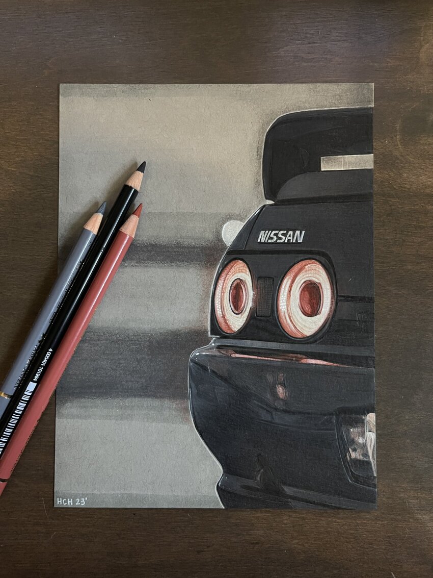2023 art_tools_in_frame black_car car close-up colored_pencil_(medium) commentary english_commentary hannah_(handrawnby) highres motor_vehicle nissan nissan_skyline nissan_skyline_r32 no_humans original photo_(medium) spoiler_(automobile) traditional_media vehicle_focus