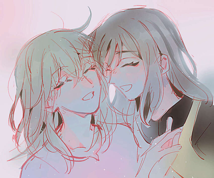 2girls bang_dream! bang_dream!_it&#039;s_mygo!!!!! blonde_hair brown_hair closed_eyes commentary hair_between_eyes holding_hands interlocked_fingers long_hair maybecrosswise misumi_uika multiple_girls open_mouth pink_background sidelocks simple_background sumimi_(bang_dream!) sumita_mana white_background yuri