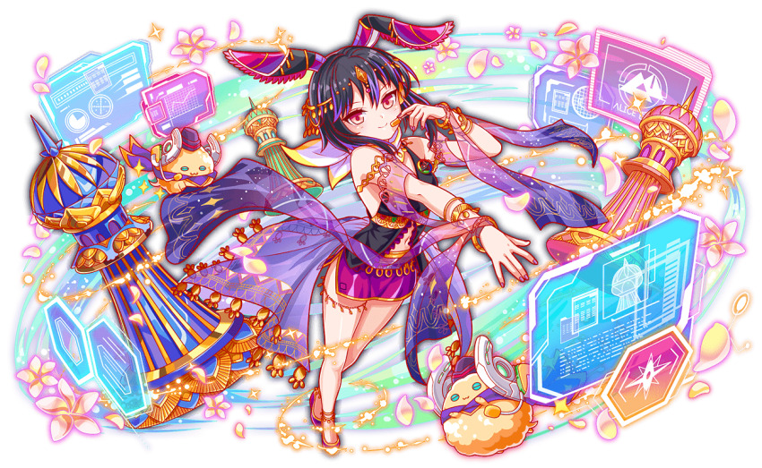 1girl 2others alternate_costume animal_ears anklet arabian_clothes artist_request bare_shoulders black_hair black_shirt blush bracelet cel_shading closed_mouth crash_fever creature fake_animal_ears flats freud_(crash_fever) full_body game_cg gold_anklet gold_bracelet gold_headdress graph harem_outfit hat head_tilt headdress hexagram horns jewelry light_particles long_sidelocks looking_at_viewer mechanical_horns microphone middle_eastern_architecture miniskirt multicolored_hair multiple_others navel no_socks number_print numbered official_alternate_costume official_art outline pencil_skirt pink_eyes plumeria purple_hair purple_hat purple_skirt rabbit_ears red_outline scarf screen see-through_clothes shirt short_hair side_slit sidelocks skirt sleeveless sleeveless_shirt smile solo_focus sparkle square square_print streaked_hair tachi-e third-party_source transparent_background white_scarf wispy_bangs yellow_petals