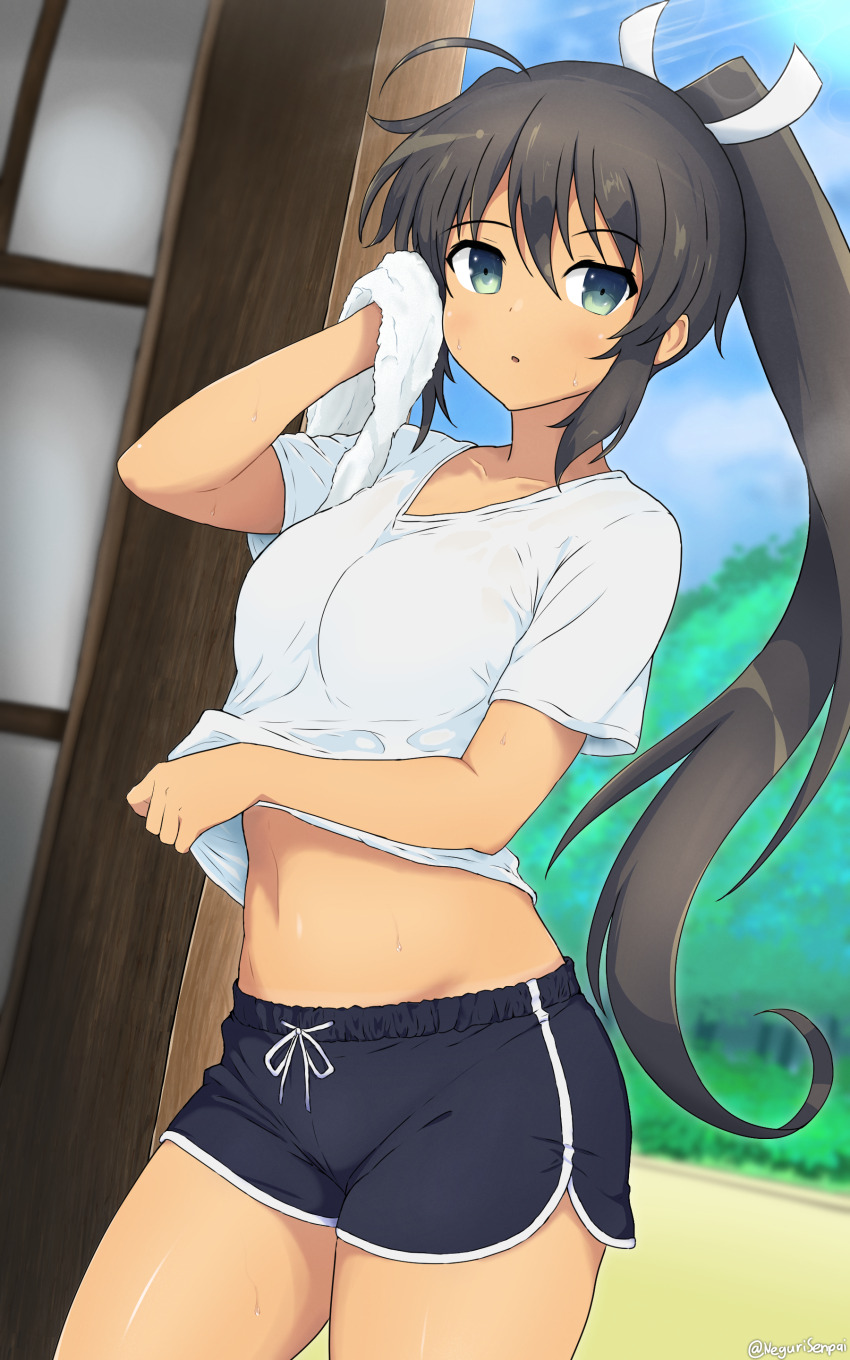 1girl absurdres breasts dolphin_shorts drying hair_ribbon highres homura_(senran_kagura) looking_at_viewer medium_breasts midriff n-senpai navel ponytail ribbon senran_kagura shirt shorts sportswear sweat tan thighs tomboy white_shirt workout_clothes