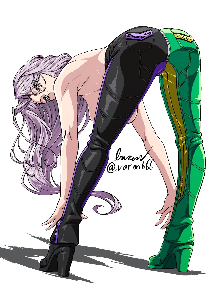 1girl artist_name ass ass_focus asymmetrical_footwear asymmetrical_pants baron_(varon666) bent_over breasts convenient_censoring convenient_leg fuuto_tantei hair_between_eyes hanging_breasts highres kamen_rider kamen_rider_w large_breasts long_hair looking_at_viewer looking_back pants purple_eyes purple_hair solo tokime_(fuuto_tantei) topless_female twitter_username varon