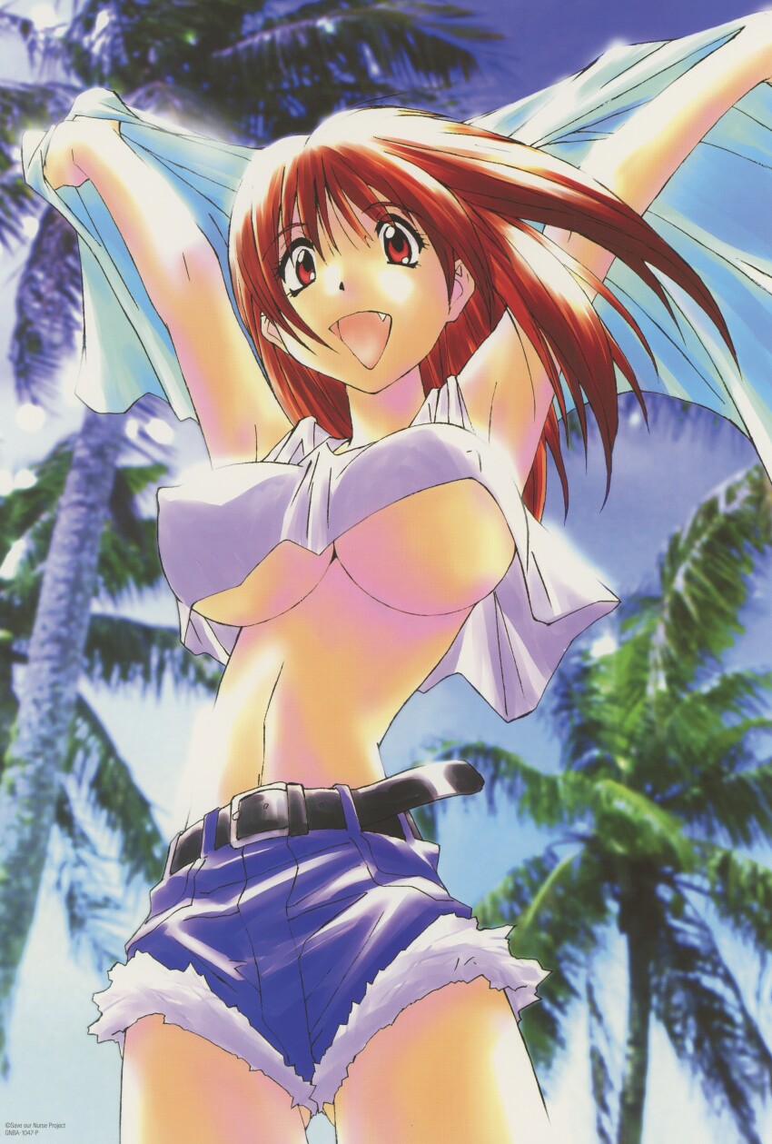 absurdres breasts brown_eyes brown_hair cropped_shirt denim denim_shorts fang highres large_breasts nanako_kaitai_shinsho navel non-web_source official_art shichigusa_nanako short_shorts shorts tank_top underboob yamashita_toshinari