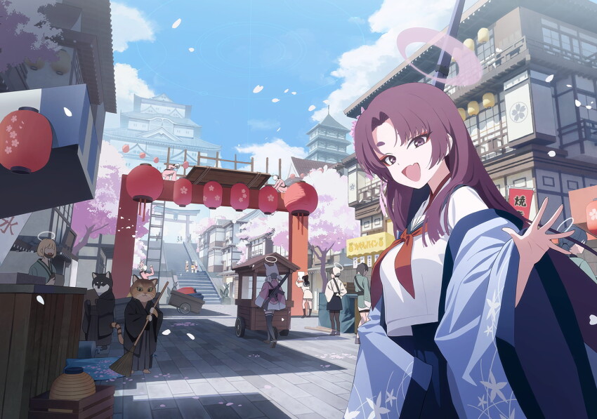 2boys 6+girls animal_ears architecture black_kimono black_pantyhose black_skirt black_socks black_thighhighs blonde_hair blue_archive blue_haori blue_kimono blue_sailor_collar blue_skirt broom cat_boy cherry_blossoms cityscape dog_boy east_asian_architecture fang gun halo haori highres holding holding_broom holding_gun holding_weapon japanese_clothes kimono kneehighs long_hair looking_at_viewer multiple_boys multiple_girls neckerchief non-web_source official_art open_mouth pantyhose parted_bangs personification pink_kimono purple_eyes purple_hair purple_halo red_neckerchief rifle sailor_collar shirt sidelocks skin_fang skirt socks thighhighs weapon white_kimono white_shirt white_skirt yellow_halo yukari_(blue_archive)