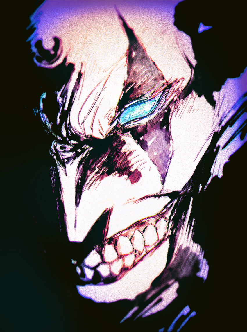 1boy close-up deko_(ldekol) facial_mark forehead_jewel highres male_focus mega_man_(series) mega_man_x_(series) partially_shaded_face sigma_(mega_man) smirk solo teeth