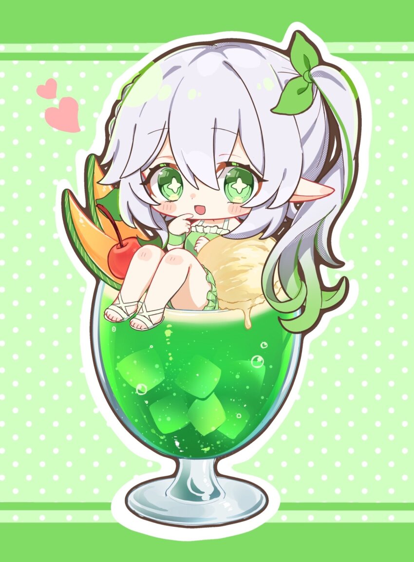 1girl :d air_bubble alternate_costume bare_shoulders blush bow bubble cherry chibi chibi_only commentary_request cup dress drinking_glass finger_to_mouth food fruit genshin_impact gradient_hair green_background green_bow green_dress green_eyes green_hair hair_bow hair_ornament heart highres hurricane_glass ice_cream in_container in_cup leaf_hair_ornament looking_at_viewer multicolored_hair nahida_(genshin_impact) open_mouth osusiuma0026 outline pointy_ears sandals side_ponytail smile solo star-shaped_pupils star_(symbol) symbol-shaped_pupils toes white_hair white_outline