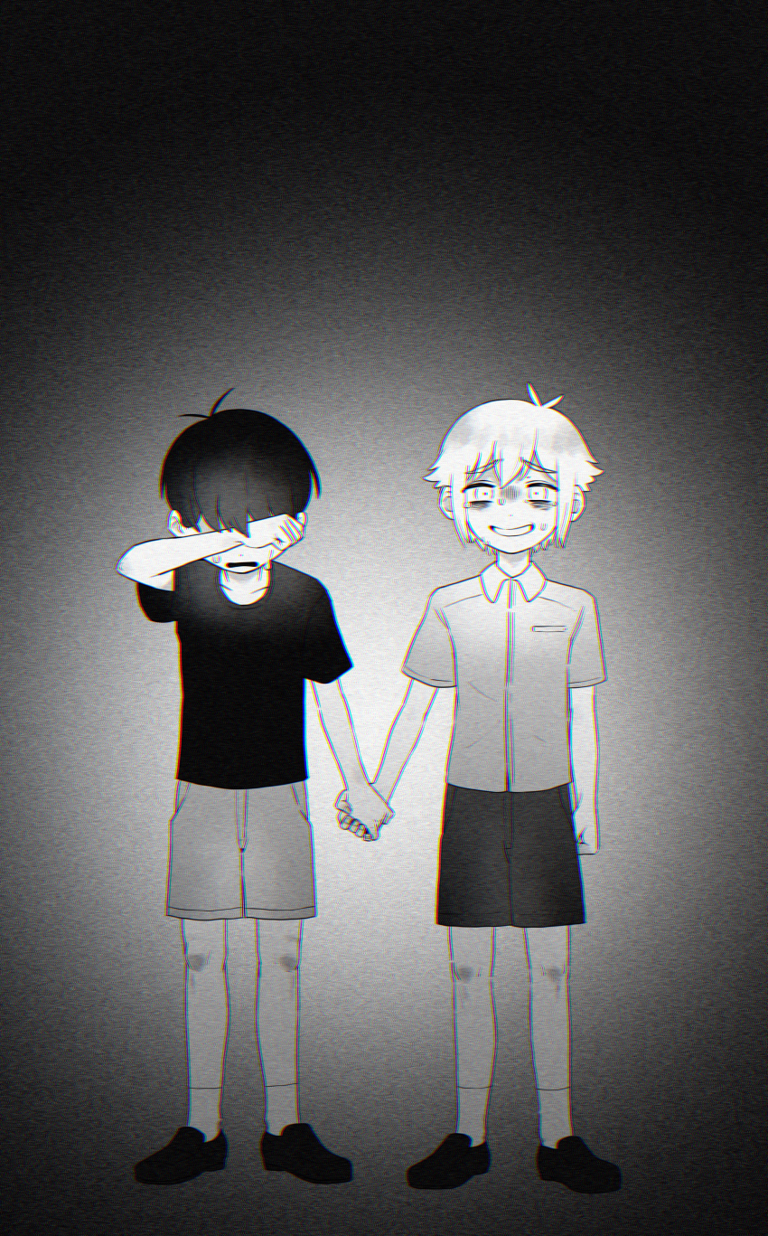 2boys absurdres arm_up basil_(faraway)_(omori) basil_(omori) collared_shirt covering_own_eyes crying greyscale highres holding_hands looking_at_viewer male_focus miranosub monochrome multiple_boys nervous_smile nervous_sweating omori shirt short_hair short_sleeves shorts smile socks sunny_(omori) sweat t-shirt