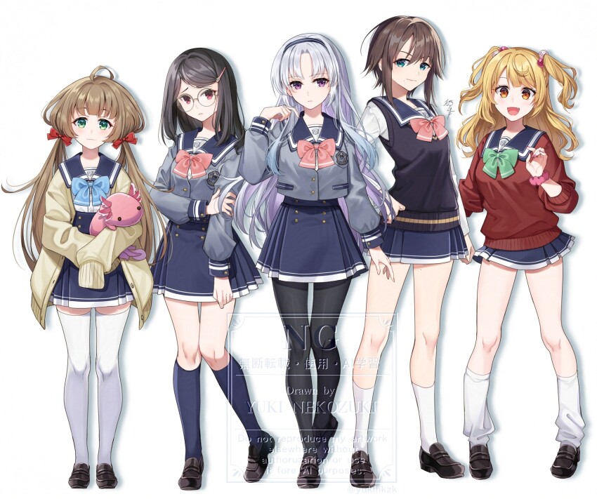 &gt;:) 5girls :d ahoge animal axolotl black_hair black_hairband black_pantyhose black_shoes blazer blonde_hair blue_sailor_collar blue_skirt blue_socks bow breasts brown-framed_eyewear brown_cardigan brown_hair cardigan closed_mouth commentary_request fang green_bow green_eyes grey_hair grey_jacket hair_bow hair_ornament hairband hairclip haizuka_hisa highres jacket kirisaki_sae kneehighs knees_together_feet_apart loafers long_hair long_sleeves loose_socks low_twintails medium_breasts mikage_towako multicolored_hair multiple_girls nail_polish nekozuki_yuki open_cardigan open_clothes open_mouth original pantyhose parted_bangs pink_bow pink_nails pink_scrunchie pleated_skirt puffy_long_sleeves puffy_sleeves purple_eyes purple_hair red_bow red_eyes red_sweater round_eyewear sailor_collar sakaidani_miona school_uniform scrunchie serafuku shirt shoes short_hair simple_background skirt sleeves_past_wrists smile socks standing standing_on_one_leg sweater sweater_vest swept_bangs thighhighs twintails two-tone_hair two_side_up v-shaped_eyebrows very_long_hair watermark white_background white_shirt white_socks white_thighhighs wrist_scrunchie yamanashi_yoruka