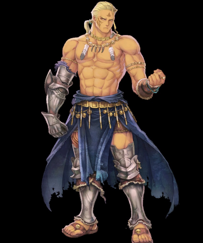 1boy abs blonde_hair bracelet dark_skin dark-skinned_male facial_mark facial_tattoo feathers fire_emblem fire_emblem:_the_blazing_blade fire_emblem_heroes full_body gloves haccan hawkeye_(fire_emblem) highres jewelry long_hair male_focus manly necklace nintendo official_art orange_eyes ponytail ring sandals serious topless_male solo tattoo transparent_background
