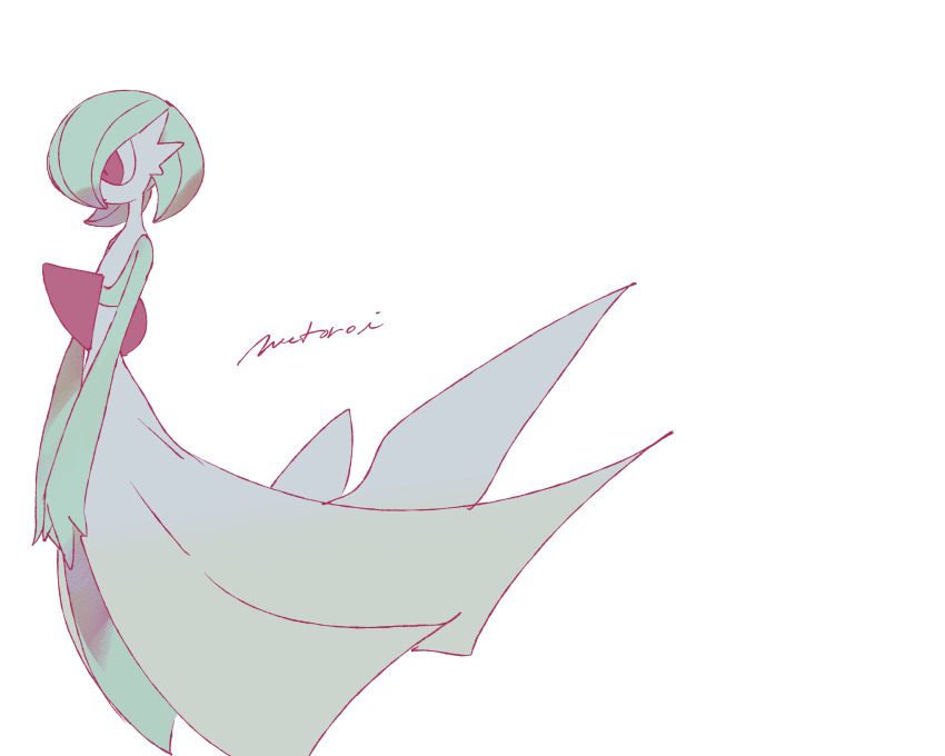1girl ame_(metorui) artist_name bob_cut closed_mouth colored_skin creatures_(company) expressionless female_focus flat_chest from_side full_body game_freak gardevoir gen_3_pokemon green_hair green_skin hair_over_one_eye multicolored_skin negative_space nintendo one_eye_covered own_hands_together pokemon pokemon_(creature) red_eyes short_hair signature simple_background solo standing two-tone_skin v_arms white_background white_skin