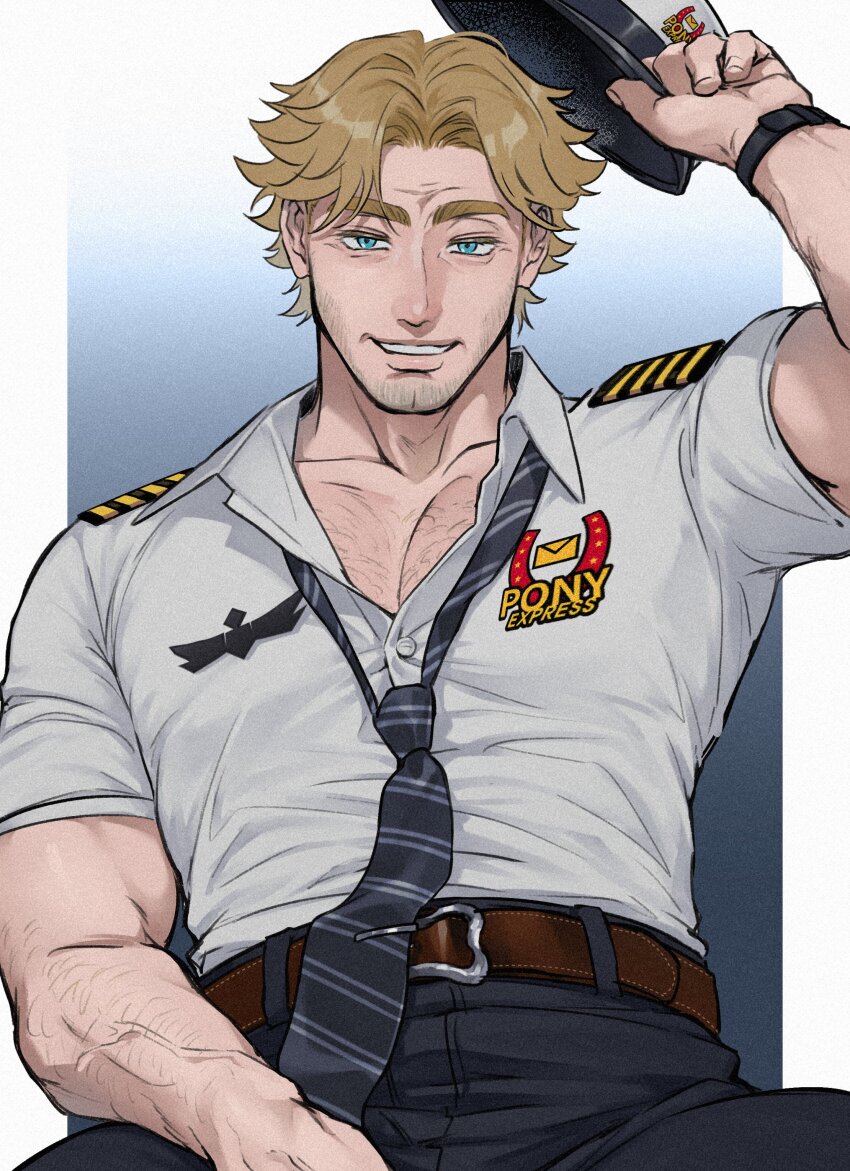 1boy absurdres bara beard_stubble belt blonde_hair blue_eyes curly_(pre-crash)_(mouthwashing) facial_hair hat highres holding holding_unworn_clothes holding_unworn_hat looking_at_viewer loose_necktie male_focus mouthwashing necktie parted_lips pectoral_cleavage pectorals setuyuyu solo stubble unworn_hat unworn_headwear