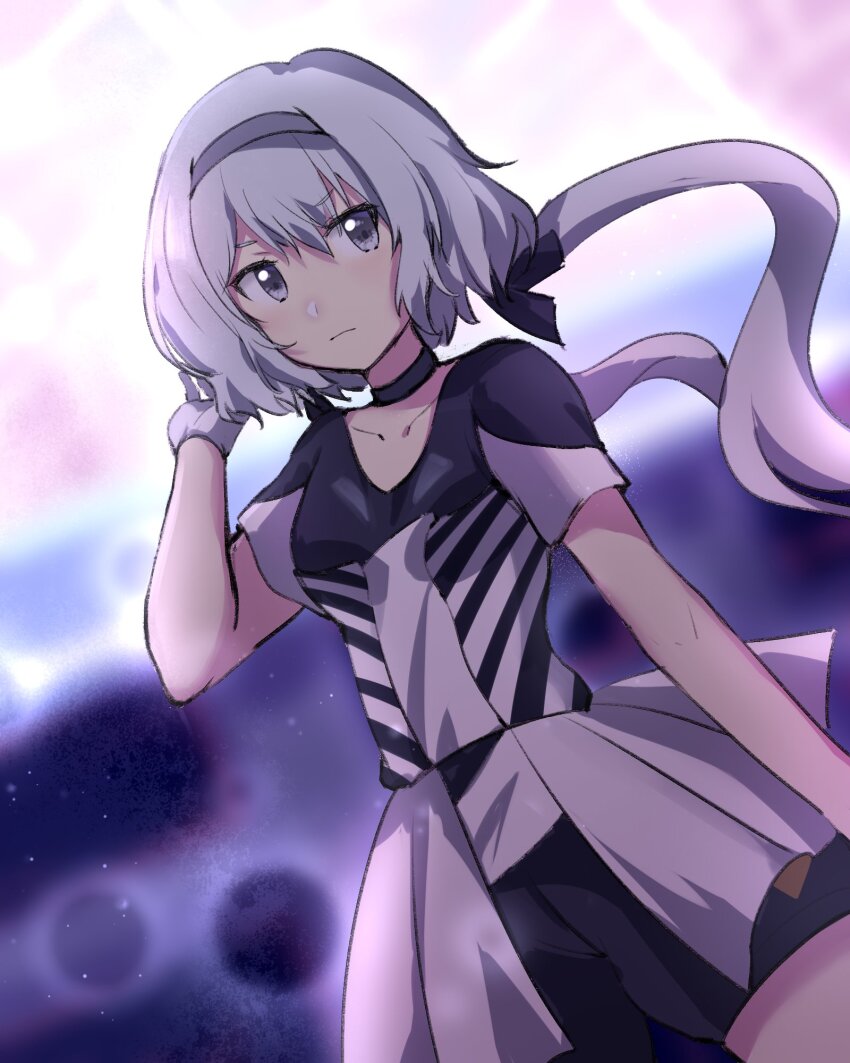 1girl black_choker black_shorts blurry blurry_background breasts chinese_commentary choker collarbone commentary_request cowboy_shot dress floating_hair gloves grey_eyes grey_headband headband highres konno_junko long_hair low_twintails medium_breasts sankin_(_sankin510) short_sleeves shorts solo twintails very_long_hair white_dress white_gloves white_hair zombie_land_saga