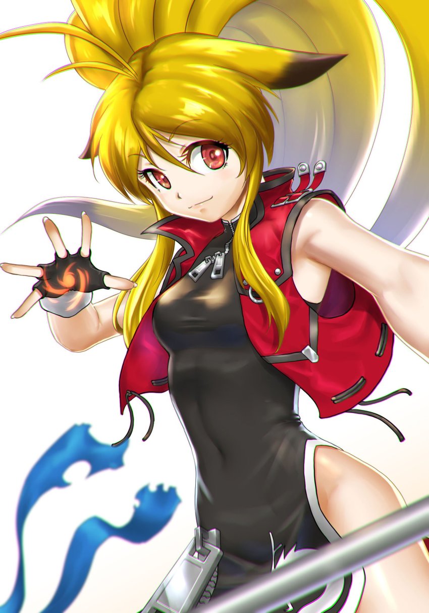 1girl animal_ears black_dress black_gloves blonde_hair breasts brown_eyes china_dress chinese_clothes dress fingerless_gloves floating_hair from_side gloves highres jacket kazue long_hair namco_x_capcom open_hand ponytail red_jacket small_breasts smile solo white_background xiaomu