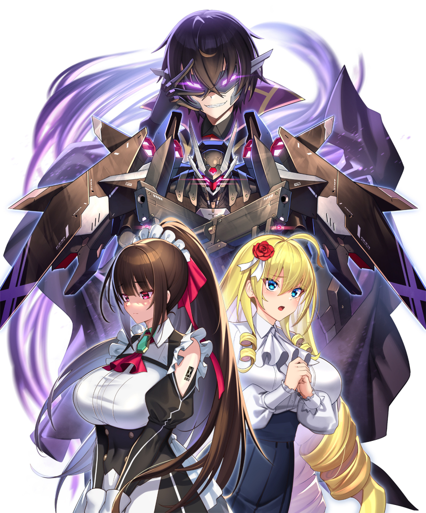 1boy 2girls :o ahoge amagi_(oreaku) arm_tattoo ascot barcode barcode_tattoo black_dress black_hair blonde_hair blue_eyes blue_skirt breasts brown_hair character_request closed_mouth clothing_cutout collared_shirt crossed_bangs domino_mask dress drill_hair drill_sidelocks flower gloves hair_between_eyes high-waist_skirt highres large_breasts long_hair maid mask mecha multiple_girls official_art open_mouth ore_wa_seikan_kokka_no_akutoku_ryoushu! pinafore_dress pink_ascot pink_eyes popped_collar puffy_sleeves red_flower red_rose ribbon robot rose rosetta_serah_claudia shirt short_hair shoulder_cutout sidelocks skirt sleeveless sleeveless_dress smile takamine_nadare tattoo white_ascot white_gloves white_ribbon white_shirt