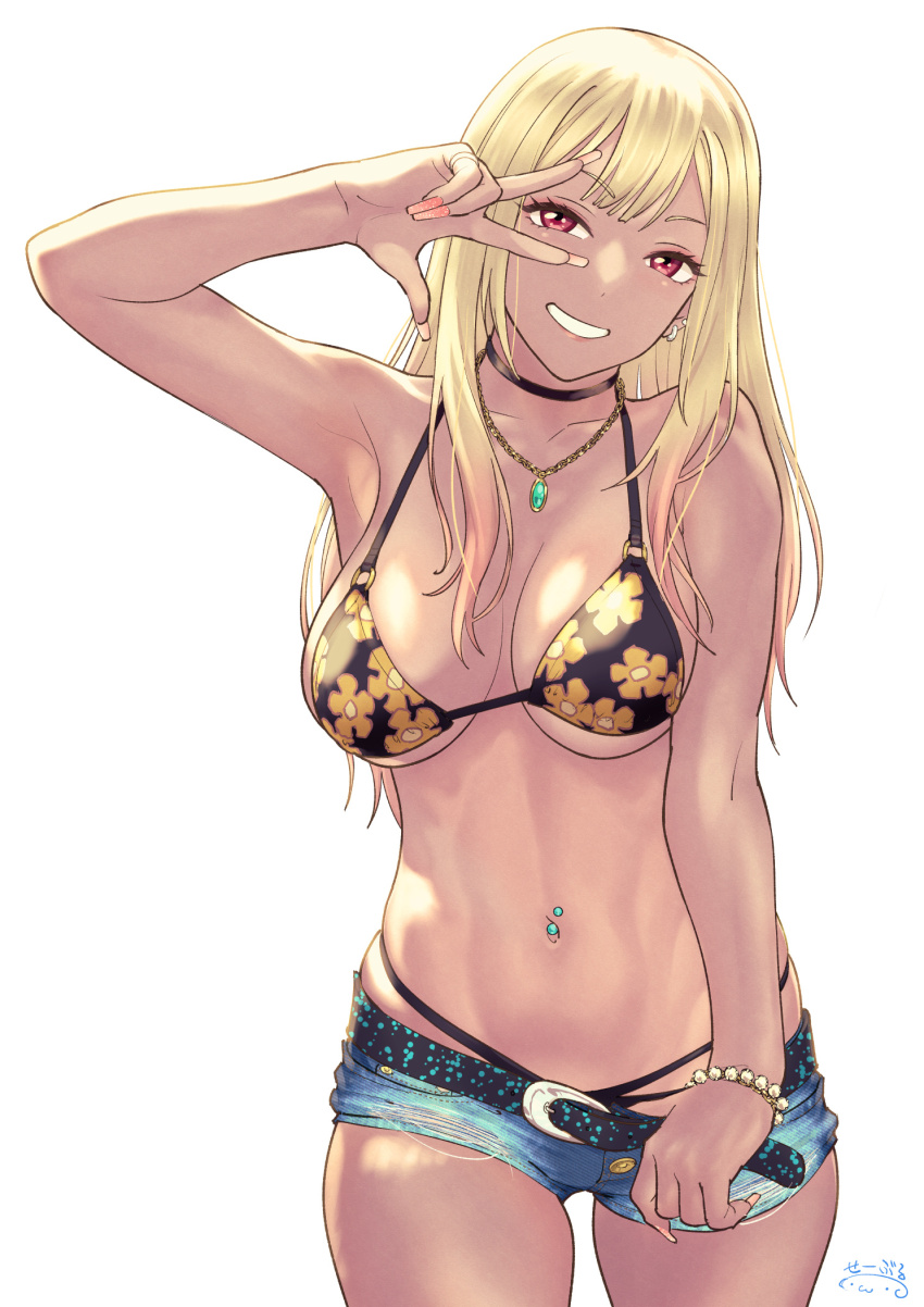 1girl arm_up armpits bare_shoulders belt bikini bikini_top_only black_bikini black_choker blonde_hair blue_shorts blush bracelet breasts breasts_apart choker collarbone commentary_request denim denim_shorts ear_piercing earrings fake_nails floral_print grin gyaru halterneck highres jewelry kitagawa_marin large_breasts long_hair looking_at_viewer muted_color nail_polish navel navel_piercing necklace no_shirt o-ring o-ring_bikini piercing print_bikini red_eyes short_shorts shorts simple_background smile solo sono_bisque_doll_wa_koi_wo_suru stomach suna_(sandworks) swimsuit underboob w w_over_eye white_background