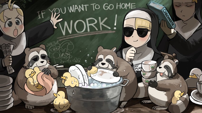 3girls :o ^_^ animal animal_on_head bangs_pinned_back basin bird bird_on_head biting blonde_hair blue_eyes book bowl chalk chalkboard chicken closed_eyes clumsy_nun_(diva) commentary crumpled_paper cup dirty dishwashing diva_(hyxpk) drawing drying drying_animal duck duckling english_commentary english_text habit hand_on_own_chin hanging_plant highres hitting hugging_tail little_nuns_(diva) motion_blur multiple_girls nun on_head plate poster_(object) raccoon rubber_band shaded_face slice_of_life smile spicy_nun_(diva) sponge star_nun_(diva) star_ornament sunglasses tail tail_wrap teacup topknot towel traditional_nun wet