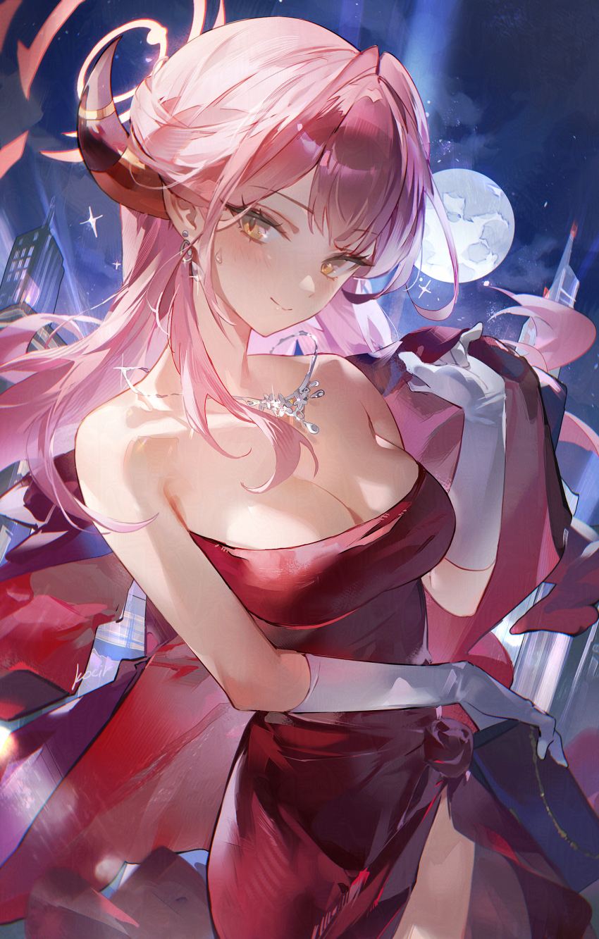 1girl aru_(blue_archive) aru_(dress)_(blue_archive) bag bare_shoulders blue_archive blush breasts brown_horns building cleavage closed_mouth commentary day dress earrings full_moon gloves handbag highres holding horns jacket jewelry kocir large_breasts long_hair low_horns moon necklace night night_sky pink_hair red_dress red_jacket side_slit sky smile solo thighs white_gloves yellow_eyes