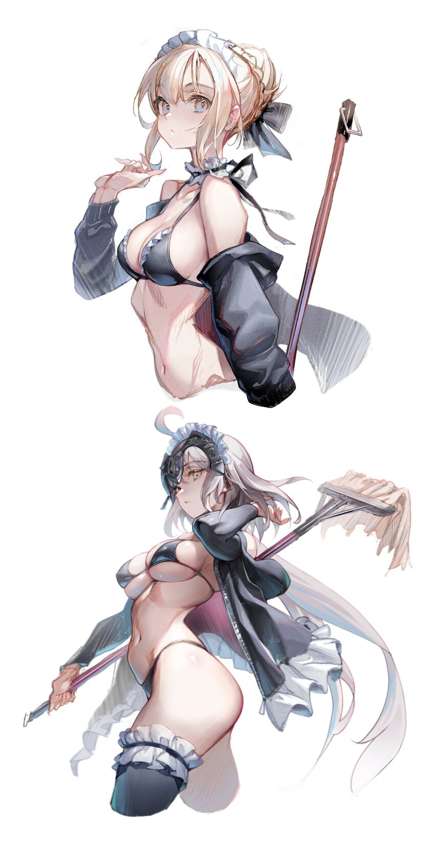 2girls absurdres adapted_costume ahoge artoria_pendragon_(fate) bare_shoulders bikini black_bikini black_jacket black_thighhighs blonde_hair braid breasts choker cleavage commentary_request cosplay fate/grand_order fate_(series) frilled_choker frilled_thigh_strap frills hair_bun headpiece highres hood hooded_jacket jacket jeanne_d&#039;arc_alter_(fate) large_breasts long_sleeves looking_at_viewer maid maid_bikini maid_headdress medium_breasts medium_hair mop multiple_girls navel off_shoulder open_clothes open_jacket saber_alter saber_alter_(swimsuit_rider)_(second_ascension) saber_alter_(swimsuit_rider)_(second_ascension)_(cosplay) short_hair sidelocks suishougensou swimsuit thigh_strap thighhighs thighs unconventional_maid yellow_eyes