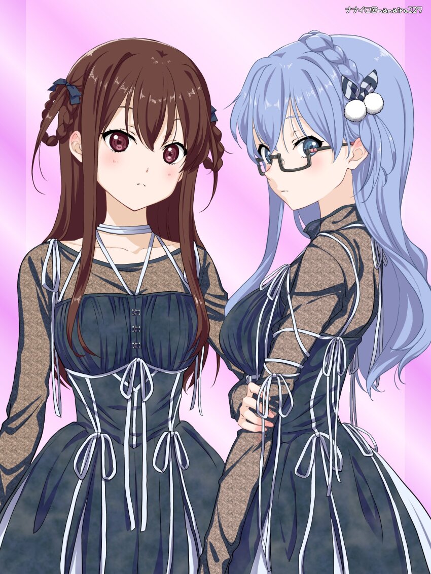 22/7 2girls ato_de_wakaru_koto blue_eyes blue_hair braid brown_hair glasses hair_ornament highres long_hair looking_at_viewer maruyama_akane multiple_girls nanairo_(nanairo227) purple_eyes smile tachikawa_ayaka