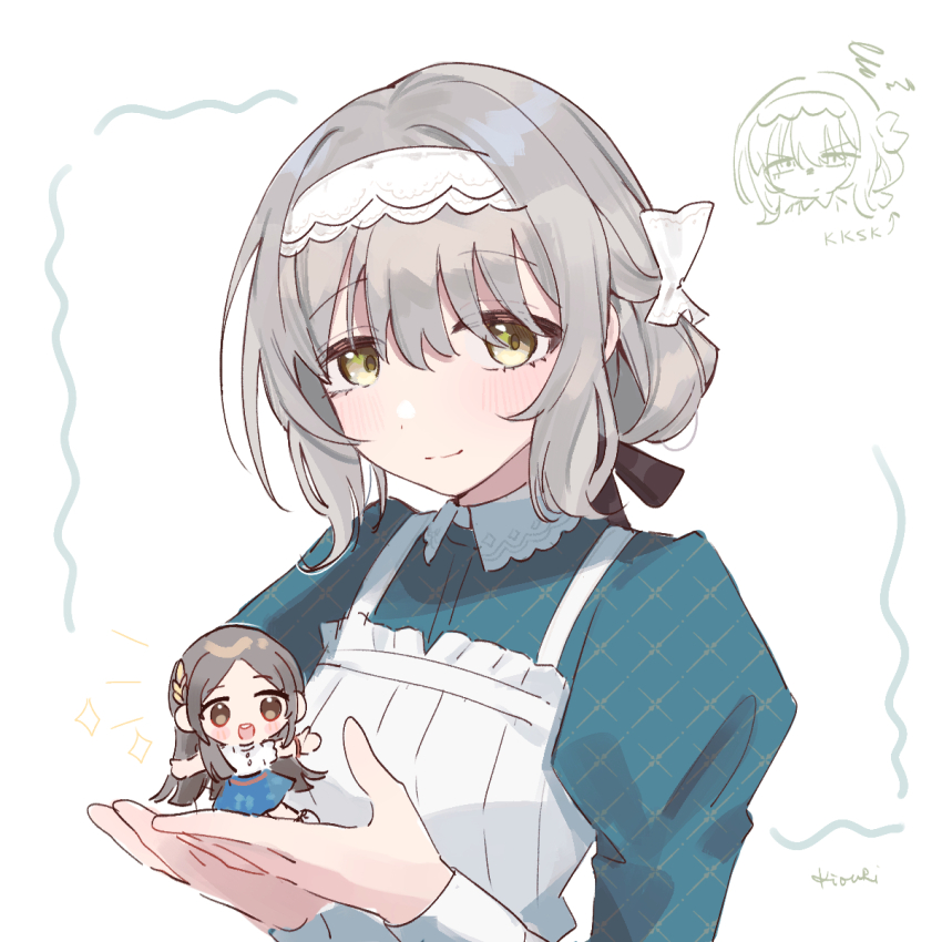 2girls apron brown_hair closed_mouth dress gakuen_idolmaster green_dress green_eyes grey_hair highres hiwatari_kanae hiwatari_makoto holding_chibi idolmaster kiouri kuramoto_china long_hair long_sleeves multiple_girls puffy_sleeves short_hair sidelocks smile solo_focus squiggle very_long_hair white_apron